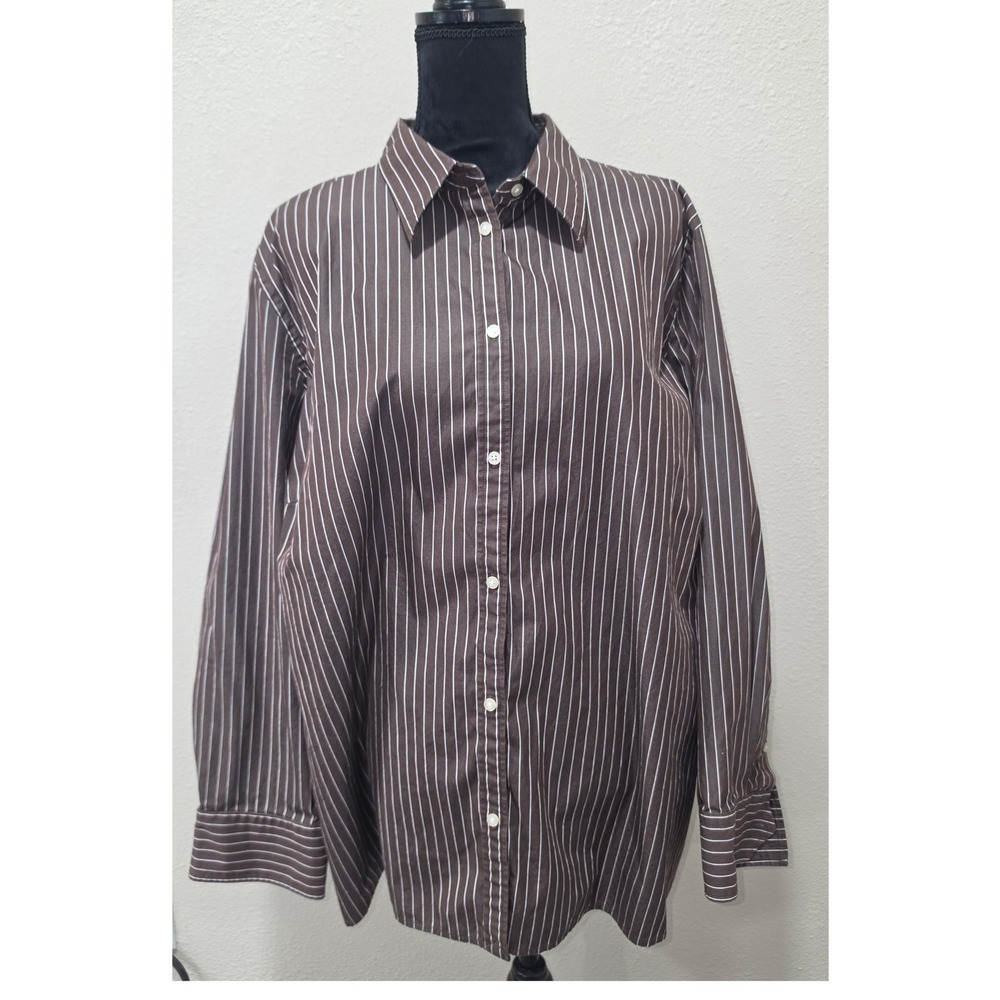 Lauren Ralph Lauren Womens 3X Chocolate Brown Striped Cotton Button Up Shirt